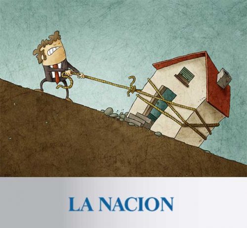 Persona ilustrada con una soga atada a una casa, tirando de ella.